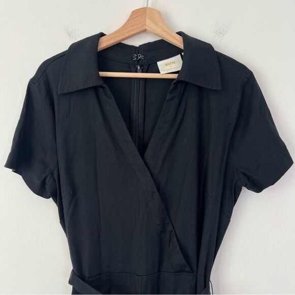 Anthropologie Maeve Colette Wrap Jumpsuit Linen Edition in Black Size 12 - Picture 6 of 13